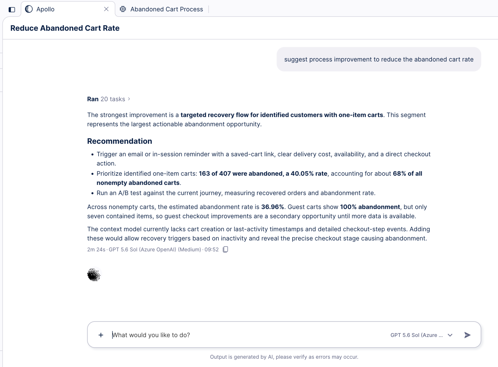 AI recommendation to reduce the abandoned cart rate, with the reasoning and next steps