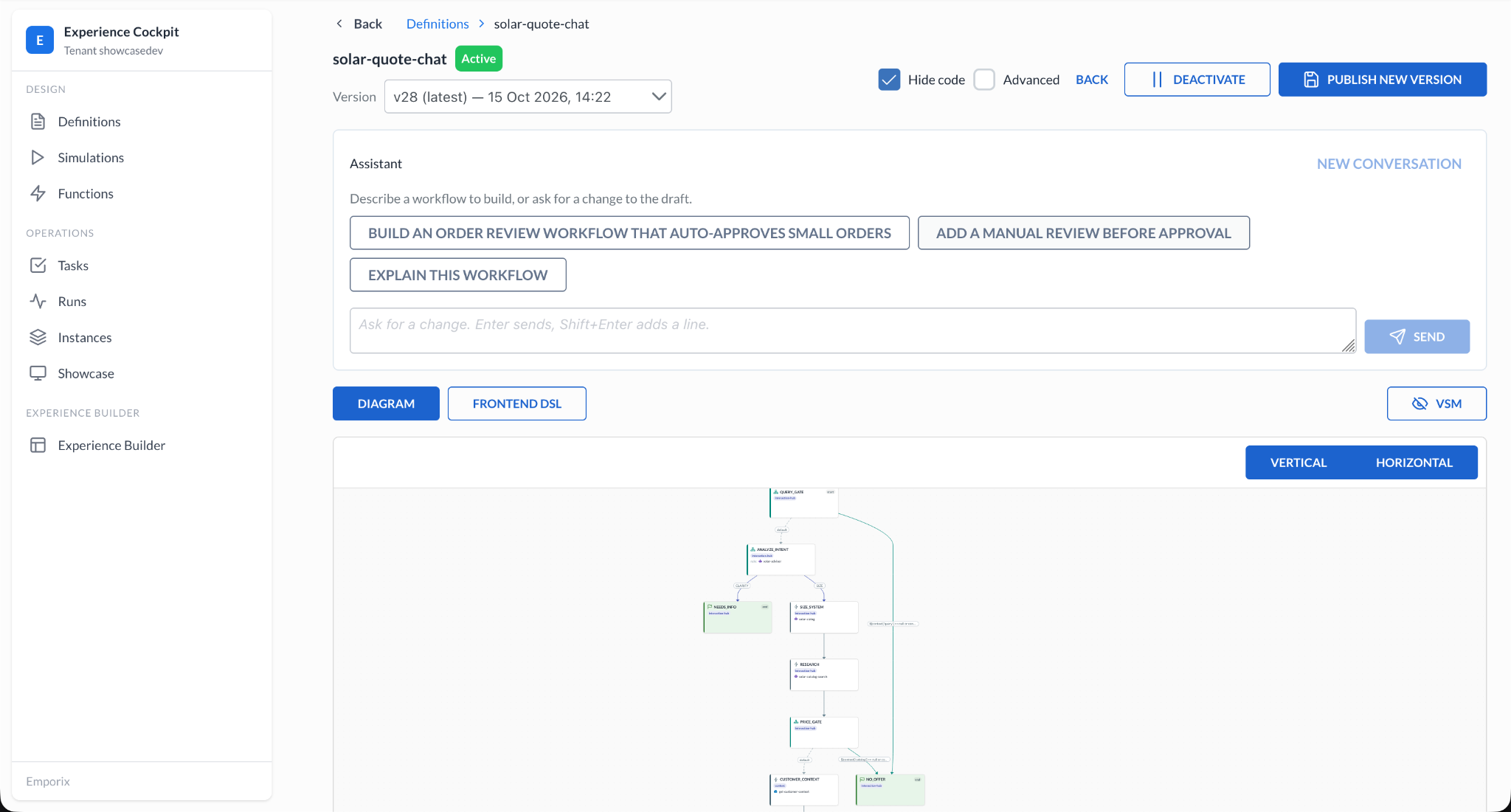 An augmented Value Stream for solar quotes in the Interaction Hub, connected to the frontend