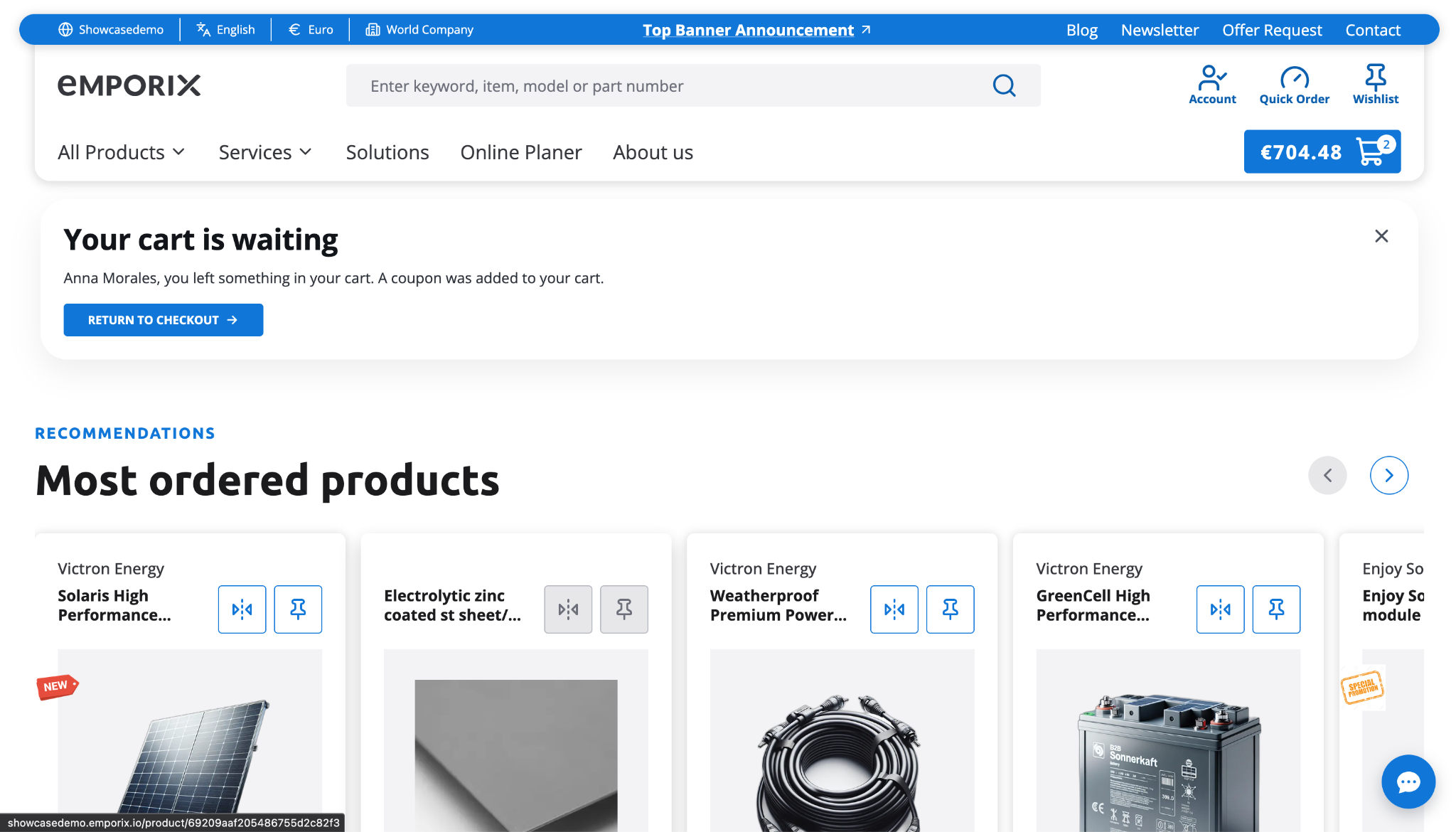 A storefront homepage generated for the buyer, with their waiting cart and most ordered products